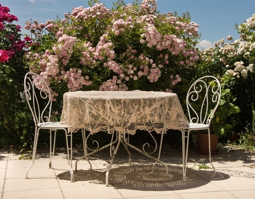 Gartenstühle und -Tisch mit Rosenbuch im Hintergrund