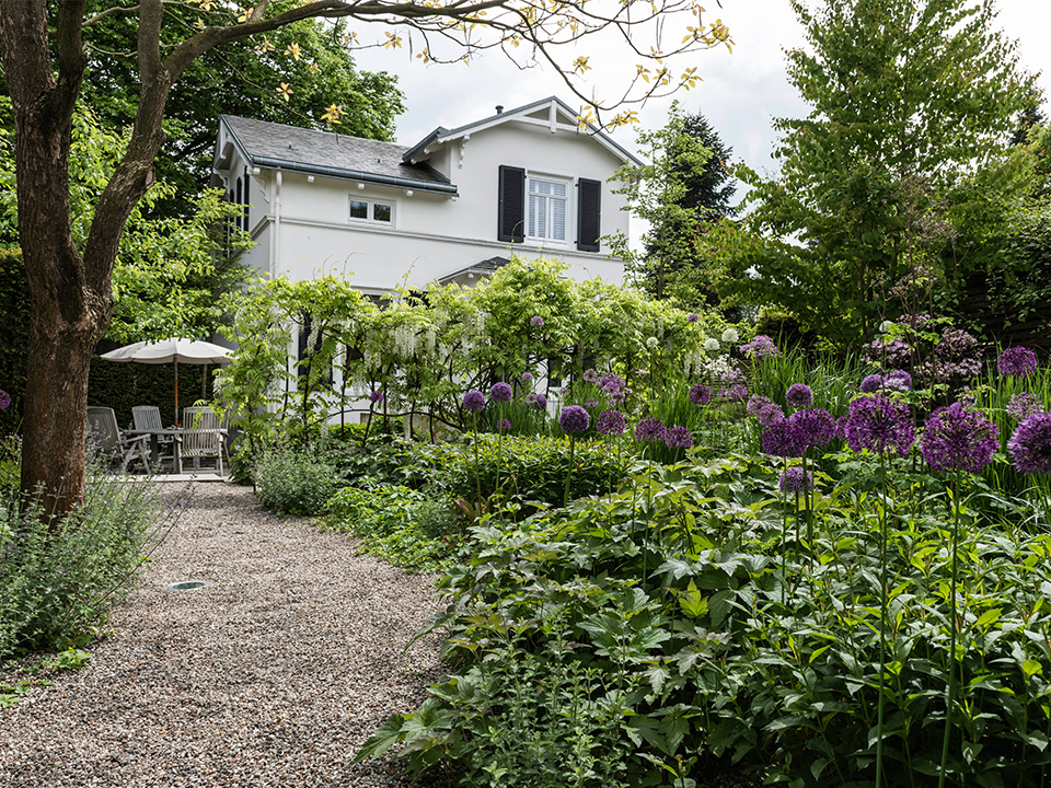 Breiter Gartenweg mit grüner Randbepflanzung