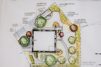 Gartenplan per Handzeichnung zeigt Details der Gartenplanung